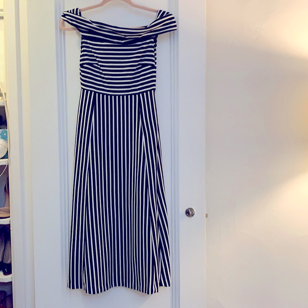 BR Black & white stripe off shoulder midi dress